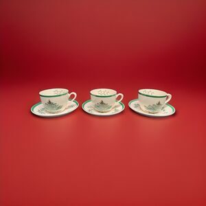 Set Of 3 Spode Christmas Tree 8 oz Tea Cup Saucer Coffee Mugs Vintage Red Green